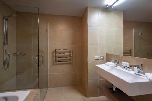 皇后镇高景公寓的带淋浴、盥洗盆和镜子的浴室