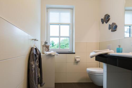 伯尔格伦德-雷特维施Appartement Mittsommer的一间带卫生间、水槽和窗户的浴室