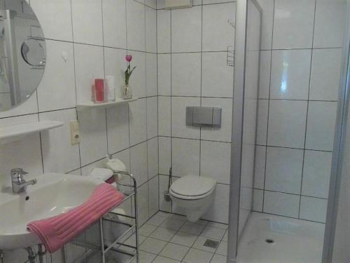 埃斯洛黑Hotel "Woiler Hof" garni的白色的浴室设有卫生间和水槽。