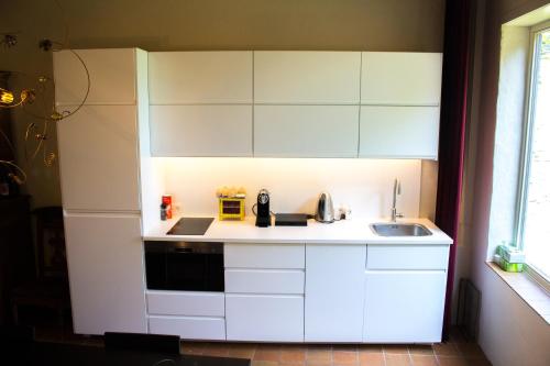 布鲁日寇特殊斯住宿加早餐酒店的小厨房配有白色橱柜和水槽