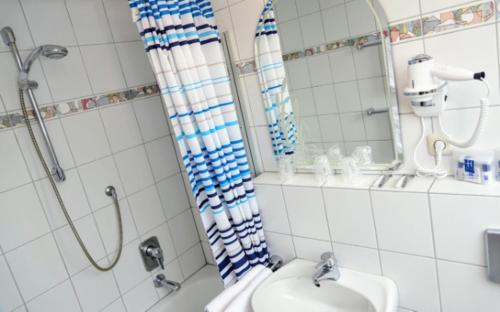 莱茵河畔凯尔Hofreit am Bierkeller的带淋浴、盥洗盆和镜子的浴室
