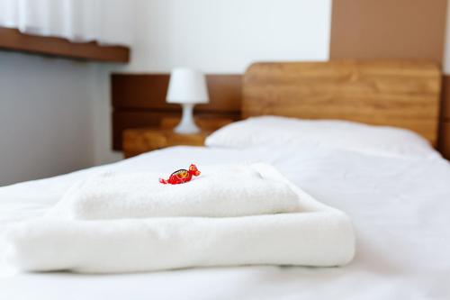 日利纳斯洛伐克酒店 的两张白色床铺上坐着红玫瑰