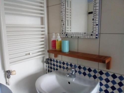 莱桑德利Chambre Saint-Sauveur的一间带水槽和镜子的浴室