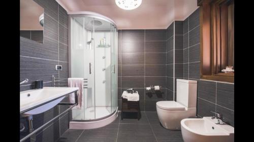 马斯卡卢恰埃特纳露台住宿加早餐旅馆 的一间带水槽、卫生间和淋浴的浴室