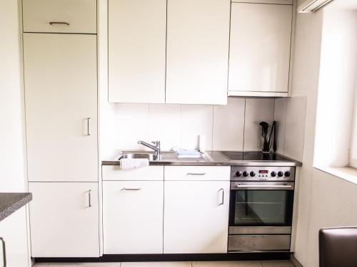 BrüttisellenCITY STAY - Ringstrasse的厨房配有白色橱柜和不锈钢烤箱