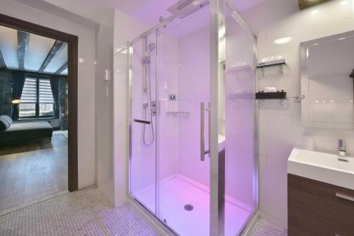 蒙特利尔蒙特利尔史诗酒店的一间带玻璃淋浴和水槽的浴室
