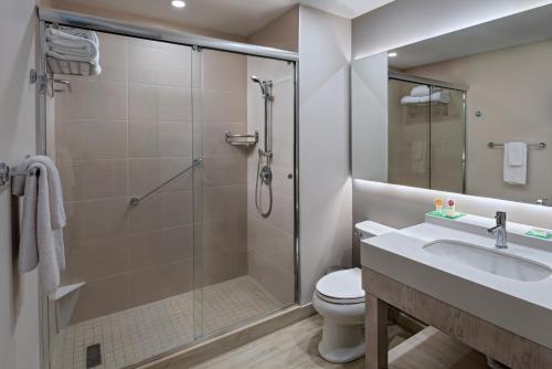 圣佩德罗苏拉Hyatt Place San Pedro的带淋浴、卫生间和盥洗盆的浴室