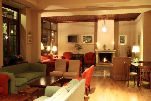 埃拉蒂特里卡隆Hotel Papanastasiou的客厅配有家具和壁炉