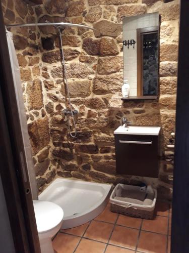 奥伦塞Loft Rural Corte de Fora的石质浴室设有卫生间和水槽