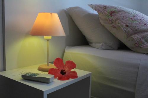 阿拉亚尔-杜卡布Pousada Arraial Caribe的床头桌子旁的一盏灯和一朵红花