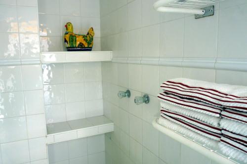 特拉科塔尔潘卡萨德拉鲁斯 - 一室公寓套房的带淋浴和毛巾的白色瓷砖浴室