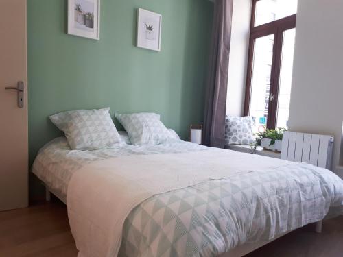 里尔Appartement 60m2 / Hyper Centre (Gares et Vieux Lille)的一间卧室设有一张带绿色墙壁的大床