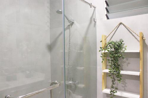 麦克坦GM Rentals SafeStay Apartment at Mactan Airport的玻璃门和盆栽的淋浴