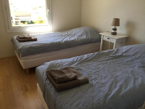 比斯卡罗斯海滩Residence Oceanis的一间卧室设有两张床和窗户。