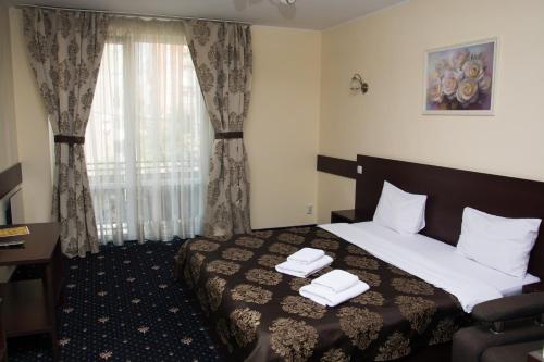 伊万诺-弗兰科夫斯克Faraon Hotel的酒店客房设有床和窗户。