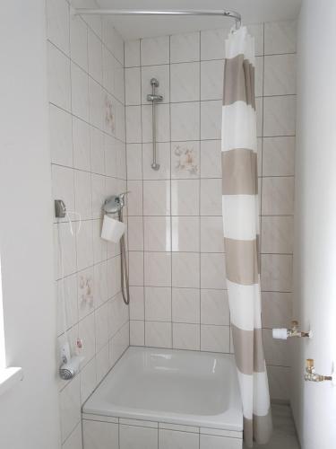 霍亨斯泰因-埃尔恩斯塔尔Haus am Sachsenring的浴室设有白色和棕色的淋浴帘。