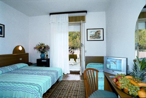 罗索利纳马雷索莱酒店的一间卧室配有一张床和一张书桌及电视