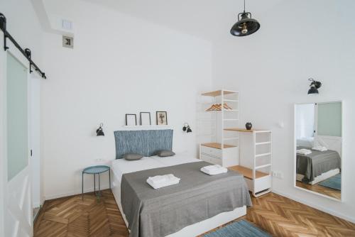 布达佩斯利兹玛丽之仙境公寓的小房间设有床和镜子