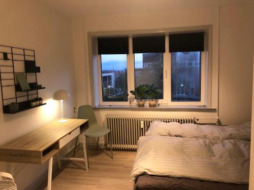 齐斯泰兹Hel lejlighed Thisted Midtby的一间卧室配有一张床、一张书桌和一个窗户。