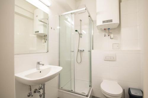 格拉茨Minihotel Graz Apartments的白色的浴室设有水槽和淋浴。