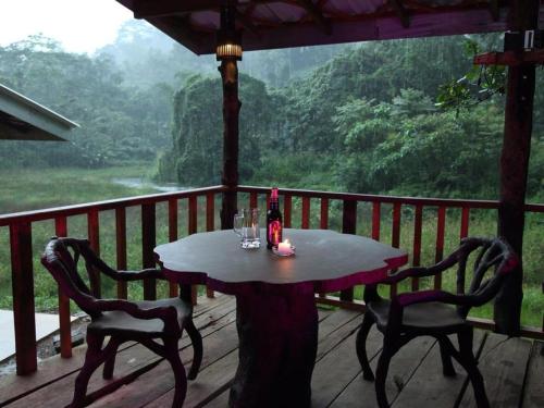 DombagodaExplore Sinharaja Rain Forest Tour Camp的观景甲板上的桌椅