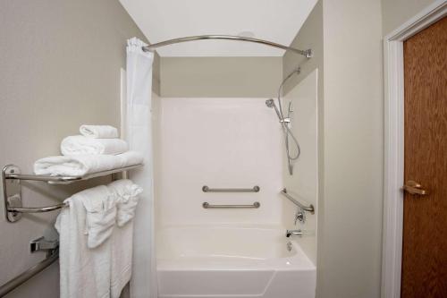斯普林菲尔德普林菲尔德温德姆微星套房旅馆的带淋浴、浴缸和毛巾的浴室