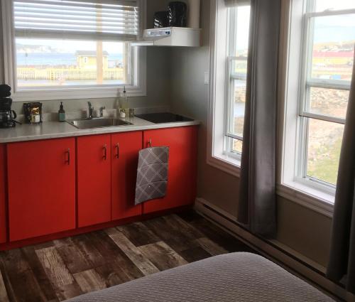 特威林盖特Toulinguet Inn - Suites的一间厨房,配有红色橱柜和两个窗户