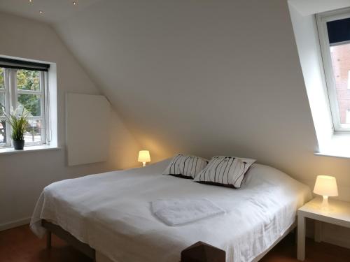 奥尔堡奥尔堡市客房公寓的卧室配有白色床和2扇窗户