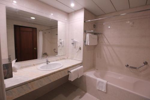 丰沙尔阿约达花园套房酒店的一间带水槽、浴缸和镜子的浴室