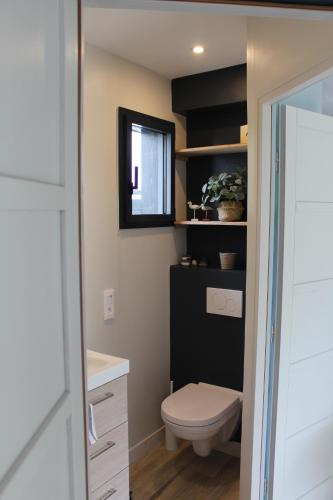 阿拉东Ker Mouettes的一间带卫生间和镜子的小浴室