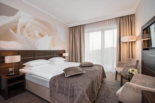 格丁尼亚Hotel Różany Gaj的配有一张床和一把椅子的酒店客房