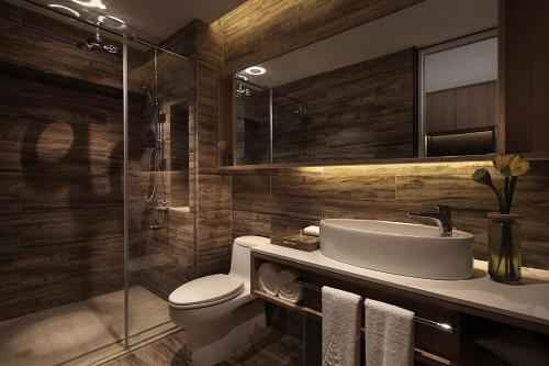 重庆重庆宝柏精品酒店的一间带水槽、卫生间和淋浴的浴室