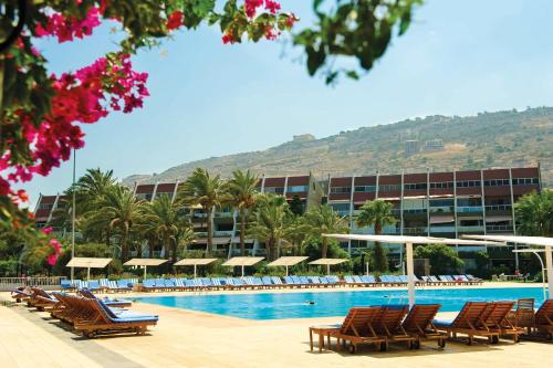 特拉布洛斯米拉马尔Spa酒店的一个带躺椅的游泳池,一个度假村