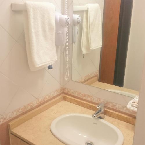 门多萨Apartamentos Mendoza的浴室配有盥洗盆、镜子和毛巾