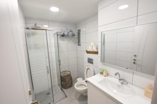 埃拉特אורנס פלייס-Oren's Place的带淋浴、卫生间和盥洗盆的浴室