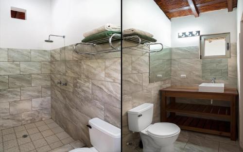 IguanaTown House 6的浴室的两张照片,配有卫生间和水槽