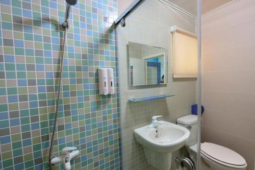 马公澎湖菊舍民宿一館的一间带水槽、卫生间和淋浴的浴室