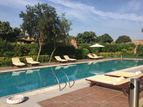 古尔冈Beautiful Apartments at Tarudhan Valley Golf Resort, Manesar的一个带躺椅和桌子的游泳池