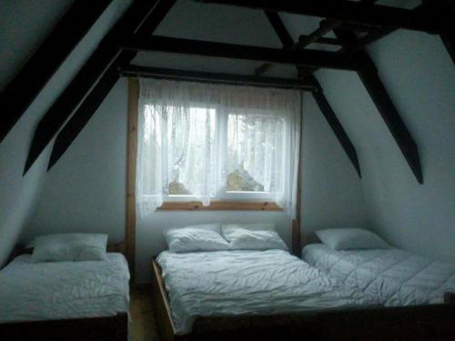 巴尔切沃Domek Zalesie的带窗户的客房内的两张床