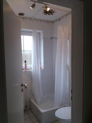 黑明根Ruhiges Zimmer direkt an den Leineauen的带淋浴、浴缸和卫生间的浴室