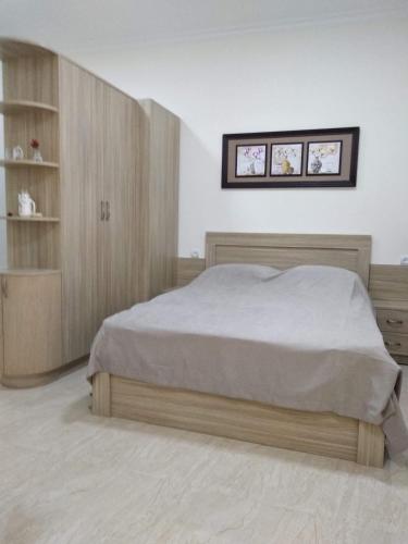 埃里温Apart hotel Alex的一间卧室配有一张床和一个木制橱柜