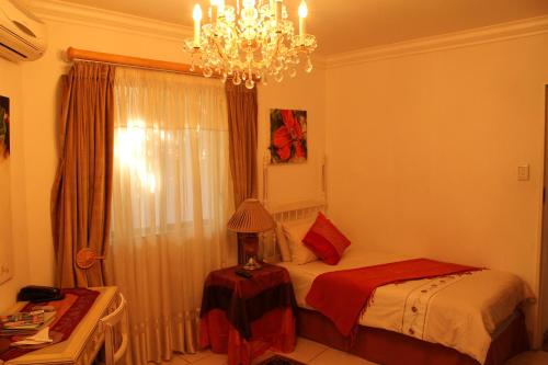 比勒陀利亚科伦维德精品旅馆的一间卧室配有一张床和一个吊灯