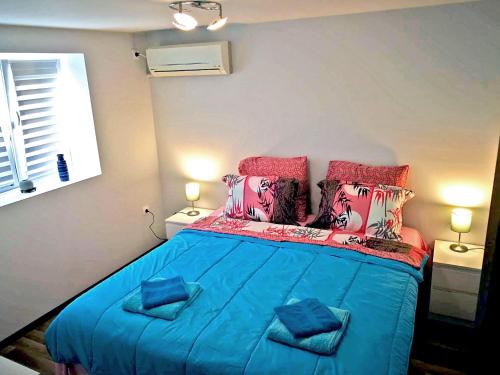 普罗夫迪夫Kamenitza Guest Flat的一间卧室配有蓝色的床和两个枕头