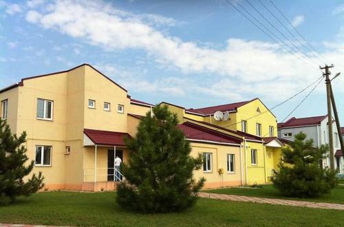 卡缅斯科耶" Na golubom ozere"的前面有树木的黄色房子