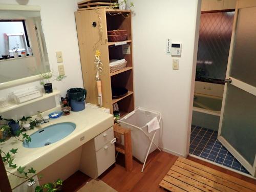 田边市Kumano Backpackers的一间带水槽和淋浴的浴室
