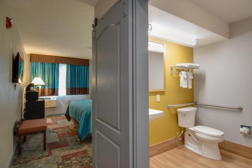 海沃德海沃德行政瓦卡班德客栈的一间带水槽和卫生间的浴室以及一张床
