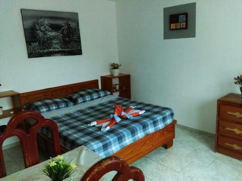 博卡奇卡Casa Picadilly的一间卧室配有一张红色带子的床