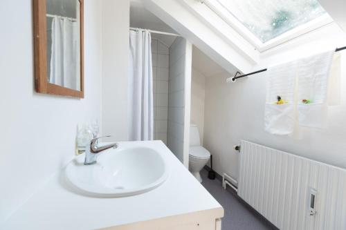斯泰厄Spacious Private Apartment for Family Holiday的白色的浴室设有水槽和天窗。