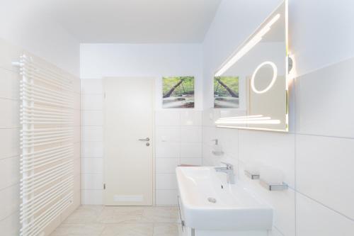 本讷肯施泰因Harzer-Bachtaeler的白色的浴室设有水槽和镜子