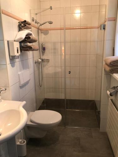 欧博比皮Hotel Eintracht的带淋浴、卫生间和盥洗盆的浴室